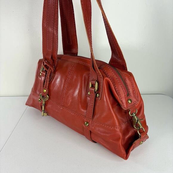 FOSSIL Fifty Four Leather Handbag Burnt Orange Clay Heavy Hardware Hobo Vintage - Picture 2 of 16